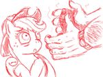 applejack_(mlp) art-anon cowboy_hat disembodied_hand duo equine eyes female feral freckles friendship_is_magic hair hands hat horse mammal monochrome my_little_pony plain_background pony sketch watch white_background 