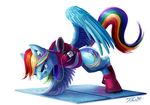  blue_feathers blue_fur cutie_mark earbuds earphones equine exercise_mat exercising female feral friendship_is_magic fur hair headband horse knee_socks mammal multi-colored_hair my_little_pony pegasus plain_background pony purple_eyes rainbow_dash_(mlp) rainbow_hair solo sweat tsitra360 white_background wings zipper 