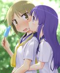  blonde_hair blue_eyes blue_hair blue_sailor_collar blush food highres hinata_yukari holding hug hug_from_behind ichii_yui licking long_hair low_twintails multiple_girls nose_blush official_style open_mouth popsicle profile sailor_collar school_uniform school_uniform_(yuyushiki) serafuku tareme tongue tongue_out tsurime twintails wa_(genryusui) yellow_eyes yuri yuyushiki 