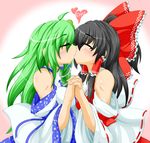  bare_shoulders black_hair detached_sleeves green_hair hair_ornament hair_ribbon hair_tubes hakurei_reimu holding_hands interlocked_fingers kiss kochiya_sanae kokujuuji multiple_girls ribbon touhou yuri 