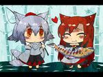  :&gt; animal_ears bamboo bamboo_forest bare_shoulders blush brooch brown_hair closed_eyes detached_sleeves dress eating fish forest hat heart heikouidou_(seraeno) imaizumi_kagerou inubashiri_momiji jewelry letterboxed long_hair md5_mismatch multiple_girls nature orange_eyes short_hair skirt tail tail_wagging tears tokin_hat touhou wolf_ears wolf_tail 
