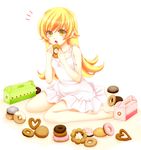  :o barefoot blonde_hair doughnut dress fang food long_hair monogatari_(series) nisemonogatari open_mouth oshino_shinobu pastry_box solo sotogawa_max yellow_eyes 