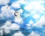  afloat artist_name bad_id bad_pixiv_id barefoot brown_hair cloud cloudy_sky fish fishing fishing_rod innertube kurohal long_hair looking_up original reflection school_uniform serafuku shark skirt sky solo water 