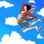  1boy black_hair blue_sky cloud clouds denim denim_shorts hat headwear_removed jumping male male_focus monkey_d_luffy onasu one_piece open_clothes open_shirt red_shirt sandals sash scar shirt shorts sky smile solo stampede_string straw_hat 