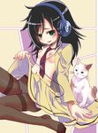  animal bags_under_eyes beats_by_dr._dre black_hair black_legwear blazer blush breasts cat green_eyes gusset hair_over_one_eye headphones jacket kuroki_tomoko long_hair looking_at_viewer necktie nipples no_bra no_shirt no_shoes open_clothes open_mouth open_shirt panties panties_under_pantyhose pantyhose school_uniform shirt sitting skirt skirt_lift small_breasts smile suika_(suika-dokei) thighband_pantyhose underwear watashi_ga_motenai_no_wa_dou_kangaetemo_omaera_ga_warui! white_panties 