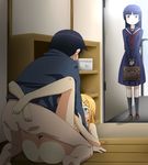  2girls ass bag bar_censor barefoot black_legwear blonde_hair blue_eyes blue_hair blush bottomless brother_and_sister caught censored clothed_male_nude_female commentary door gokou_ruri hair_ornament hairclip hetero incest jitome kneehighs kousaka_kirino kousaka_kyousuke leg_lock legs loafers long_legs long_sleeves mole mole_under_eye multiple_girls nude open_mouth ore_no_imouto_ga_konna_ni_kawaii_wake_ga_nai penis pussy ribonzu school_bag school_briefcase school_uniform serafuku sex shoes siblings skirt standing vaginal walk-in 