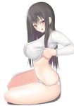 :q black_hair blush breasts full_body large_breasts long_hair looking_at_viewer muffin_(sirumeria) naughty_face original panties red_eyes shirt_lift simple_background sitting smile solo tongue tongue_out underwear undressing white_background white_panties yokozuwari 