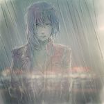  ghost_in_the_shell ghost_in_the_shell_arise hair_between_eyes highres jacket kusanagi_motoko lights looking_at_viewer muted_color parted_lips popped_collar purple_hair rain reflection short_hair sketch solo transparent valkorn wet 