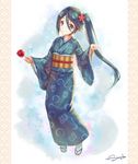  black_hair blue_eyes candy_apple food hataraku_maou-sama! japanese_clothes kamazuki_suzuno kimono long_hair rakuhei side_ponytail simple_background slippers solo 