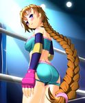  ass back braid breasts brown_hair fingerless_gloves gloves highres hoshina_yuuki midriff ponytail purple_eyes single_braid smile solo wrestle_angels wrestler 