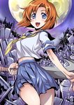  :d billhook blue_eyes cowboy_shot full_moon hatchet higurashi_no_naku_koro_ni junk junkyard midriff moon neckerchief night night_sky nose_hatchet open_mouth orange_hair outdoors reverse_grip ryuuguu_rena school_uniform serafuku short_hair short_sleeves skirt sky smile solo tatsubon thighs yellow_neckwear 