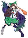  arm_cannon black_legwear black_wings blush bow breasts brown_hair cape feathered_wings hair_bow ishimu long_hair medium_breasts open_mouth red_eyes reiuji_utsuho ribbon skirt smile solo thighhighs third_eye touhou weapon wings 