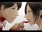  1boy 1girl bertholdt_fubar bertholt_fubar bertolt_hoover black_hair blood blood_on_face freckles grey_eyes looking_at_another open_mouth shingeki_no_kyojin ymir_(shingeki_no_kyojin) 