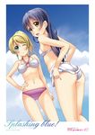  ass ayase_eli bikini black_hair blonde_hair blue_eyes brown_eyes hino_minato_(spec.c) long_hair love_live! love_live!_school_idol_project multiple_girls o-ring o-ring_top one_eye_closed ponytail smile sonoda_umi swimsuit 