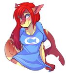  blue_eyes blue_shirt blush bottomless clothing cute female fin fish hair looking_at_viewer marine nia_(character) oversized_clothes oversized_shirt pulling_shirt_down raised_eyebrows red_body red_hair shark solo strawberryneko stripes 