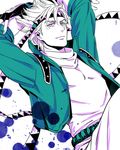  a_s_h_e_s arms_behind_head bad_id bad_pixiv_id caesar_anthonio_zeppeli facial_mark feathers fingerless_gloves gloves green_jacket hair_feathers headband jacket jojo_no_kimyou_na_bouken male_focus partially_colored scarf solo 