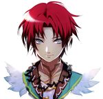  akiyoshi_haru closed_mouth doug_(rune_factory) dwarf face feathers hair_intakes looking_at_viewer male_focus pointy_ears portrait red_hair rune_factory rune_factory_4 silver_eyes simple_background smile solo upper_body white_background 