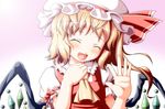  :d ascot blonde_hair blush closed_eyes fang flandre_scarlet hand_on_own_chest hat highres open_mouth sd-sos side_ponytail smile solo touhou waving wings 