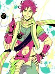  a_s_h_e_s abs bad_id bad_pixiv_id bola_(weapon) fingerless_gloves gloves green_eyes grin groin hand_on_hip jacket jojo_no_kimyou_na_bouken joseph_joestar_(young) male_focus midriff navel partially_colored pointing red_hair scarf skin_tight sleeves_rolled_up smile solo striped striped_scarf toned toned_male vest 