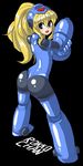  android arm_cannon ass blonde_hair blue_eyes character_name from_behind genderswap genderswap_(mtf) helmet highres long_hair looking_back ponytail rockman rockman_(character) rockman_(classic) rokkochan rokkochan_(game) solo usukawa weapon 