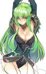  armpits arms_up blush breasts c.c. cleavage code_geass creayus green_hair hair_in_mouth large_breasts long_hair looking_at_viewer shiny shiny_skin solo thigh_gap yellow_eyes 