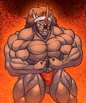  anthro anthrofied biceps big_muscles bodybuilder brown_fur brown_hair bulge crown equine fangs flexing friendship_is_magic fur grin hair helmet horn king_sombra_(mlp) looking_at_viewer male mammal mane muscles my_little_pony orange_background pecs plain_background pose red_eyes ripped-saurian royalty smile solo speedo standing swimsuit teeth thong topless underwear 
