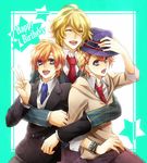  bad_id bad_pixiv_id birthday blonde_hair blue_eyes brothers closed_eyes glasses hair_ornament hairclip happy_birthday hat hug hug_from_behind kurusu_kaoru kurusu_shou male_focus multiple_boys necktie open_mouth rico_(fbn3) school_uniform shinomiya_natsuki siblings smile twins uta_no_prince-sama v 