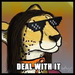  black_hair bust cheetah collar cryme_the_cheetah deal_with_it eyewear feline fur glasses gradient_background hair khraym leash long_hair male mammal meme orange_hair realistic shaded smile solo spots white_fur yellow_fur 