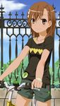  bicycle brown_eyes brown_hair casual gekota ground_vehicle hair_ornament hairpin highres misaka_mikoto shorts solo to_aru_kagaku_no_railgun to_aru_majutsu_no_index yugioh007 