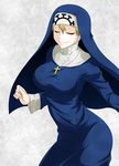  blonde_hair breasts closed_eyes cross cross_necklace double_(skullgirls) habit jewelry kunomata_gou large_breasts necklace nun short_hair skullgirls smile solo taut_clothes 