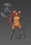 armor axe bell big_breasts breasts collar corruption_of_champions cowbell excellia_(coc) female hair horn long_hair markydaysaid minotaur muscles muscular_female navel nipple_piercing nipples piercing pussy red_hair solo unconvincing_armor weapon 