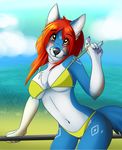  canine clothed clothing female fox hair looking_at_viewer mammal red_hair skimpy solo swimsuit tight_clothing wolflady 