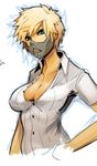  blonde_hair breasts cleavage collarbone face_mask green_eyes hand_on_hip large_breasts lena_forst mask missing_stars sho-n-d short_hair solo unbuttoned upper_body 