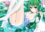  areola_slip areolae ass bad_id bad_pixiv_id blush breasts detached_sleeves flower frog_hair_ornament green_eyes green_hair hair_ornament hair_tubes henet_hene kochiya_sanae leaf legs_up long_hair lying medium_breasts no_bra open_clothes open_mouth panties pantyshot pantyshot_(lying) sash snake_hair_ornament solo thighhighs touhou underwear water wet wet_clothes white_legwear white_panties 