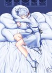  absurdres bed bed_sheet boots closed_eyes dress from_above from_side full_body hair_ornament highres indoors logo long_hair long_legs long_sleeves on_bed pillow ponytail ribbon rwby scar signature sleeping snowflakes socks solo tabi wedge_heels weiss_schnee white_hair white_legwear window zerg309 