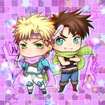  aqua_eyes blonde_hair blue_eyes blue_jacket brown_hair caesar_anthonio_zeppeli chibi doraka feathers green_eyes hair_feathers headband jacket jojo_no_kimyou_na_bouken joseph_joestar_(young) multiple_boys scarf 