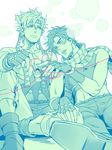  a_s_h_e_s adam's_apple bad_id bad_pixiv_id blush boots bubble caesar_anthonio_zeppeli couple crop_top facial_mark feathers fingerless_gloves gloves groin hair_feathers hand_on_another's_leg headband heart heart_of_string jacket jojo_no_kimyou_na_bouken joseph_joestar_(young) looking_at_another male_focus midriff monochrome multiple_boys pipe scarf sitting skin_tight sleeveless smile striped striped_scarf toned toned_male white_background yaoi 