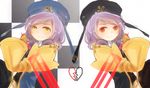  alternate_color broken_heart checkered checkered_background dlanor_a_knox drill_hair dual_persona eiserne_jungfrau emon11 hat heart multiple_girls purple_hair red_eyes smile sword umineko_no_naku_koro_ni weapon yellow_eyes 