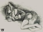  big_breasts black_and_white black_nose bra breasts bwd canine chest_tuft clothed clothing female fluffy_tail fur hair legwear looking_at_viewer lying mammal mane monochrome plain_background sketch solo stockings tuft underwear white_background 
