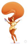  big_breasts big_tail breasts cleavage clothed clothing dress female fluffy_tail fork freckles hair hindpaw lips long_hair mammal orange_skin paws penny_flynn pie plain_background plate red_hair rodent solo squirrel standing thighs white_background white_skin zaftigbunnypress 