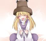  bad_id bad_pixiv_id closed_eyes commentary cum fang hair_ribbon hammer_(sunset_beach) hat indian_style long_hair long_sleeves moriya_suwako open_mouth ribbon shirt sitting smile solo sticky_fingers touhou wide_sleeves 