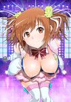  bent_over bow bowtie breasts brown_eyes brown_hair collar flower hair_ribbon hanging_breasts highres idol large_breasts microphone nipples ootori_ichiraku original ribbon rose skirt smile solo sparkle spotlight stage thighhighs wardrobe_malfunction zettai_ryouiki 