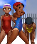  3girls asics child flat_chest multiple_girls one-piece_swimsuit sandansu swim_cap swimcap swimsuit tan tanline 