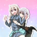  black_legwear blonde_hair breast_grab breasts eila_ilmatar_juutilainen grabbing green_eyes medium_breasts multiple_girls open_mouth pantyhose purple_eyes sanya_v_litvyak silver_hair strike_witches surprised_arms umino_mokuzu_(shizumisou) white_legwear world_witches_series yuri 