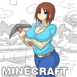  belt_buckle big_breasts blue_eyes breasts brown_hair dr.bug female hair human jeans mammal minecraft not_furry pickaxe solo video_games wide_hips 