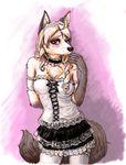  anthro blush bwd canine chest_tuft clothing corset female fox fur legwear looking_at_viewer maid_uniform mammal skirt solo thigh_highs tuft 
