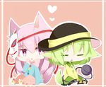  :x animal_ears bad_id bad_pixiv_id cat_ears cat_tail green_hair hata_no_kokoro heart katori_(quietude) komeiji_koishi long_hair mask multiple_girls pink_background pink_eyes pink_hair ribbon short_hair sitting skirt tail third_eye touhou 