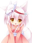  :d animal_ears blush flower fox_ears fox_mask fox_tail hair_ornament irotoridori_no_sekai japanese_clothes mask open_mouth ren_(irotoridori_no_sekai) short_hair smile solo tail yellow_eyes yuku_(kiollion) 