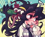  ? bad_id bad_pixiv_id black_hair filia_(skullgirls) long_hair milkshake red_eyes samson_(skullgirls) sanjiro_(tenshin_anman) skullgirls teeth 