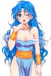  ;o bare_shoulders blue_hair blush breasts choker cleavage green_eyes koriina long_hair madou_monogatari medium_breasts one_eye_closed open_mouth puyopuyo rulue_(puyopuyo) see-through shawl solo white_background 